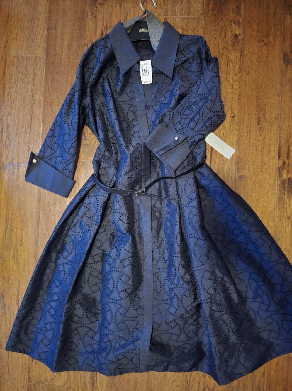 Teri Jon By Rickie Freeman Navy Eyelet-Pattern Fit-and-Flare Dress